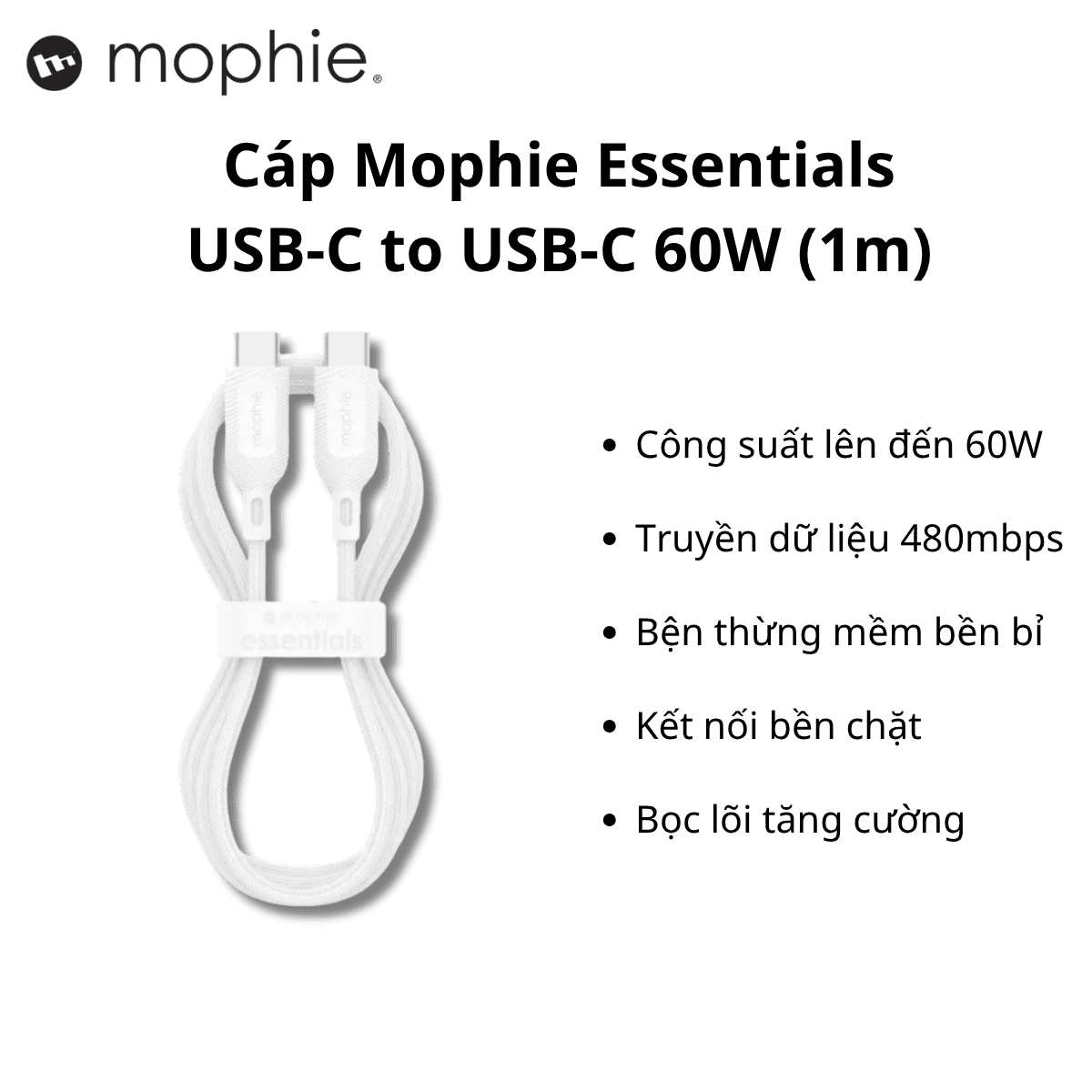 Cáp Sạc Nhanh Mophie Essential Type-C to Type-C 60W 1M Chính Hãng