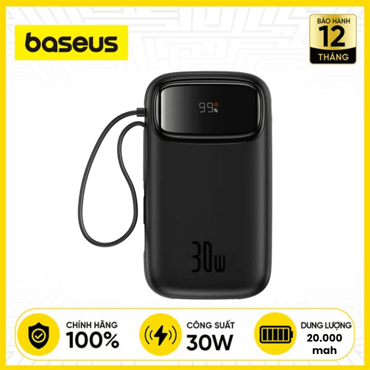 Pin sạc dự phòng Baseus Qpow2 màn hình số 20.000mAh 30W kèm 2 cáp Type-C