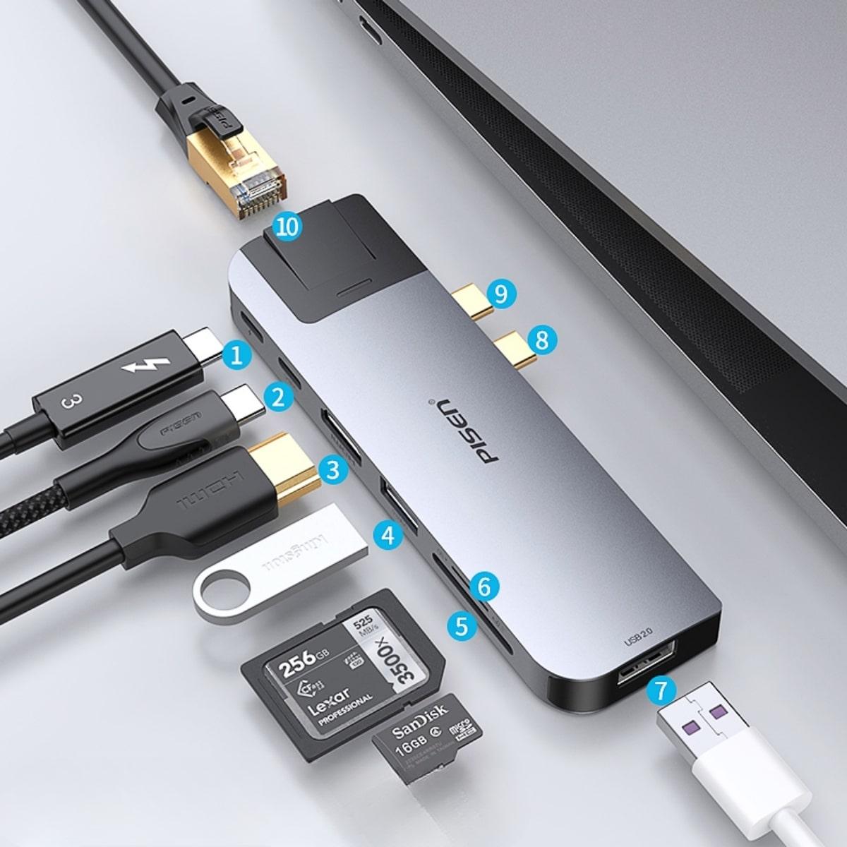 Hub Chuyển Đổi PISEN Dual Type-C 5 trong 1 - Dual Type-C ra 4xU3+TBT3 (NJ-TC21 )