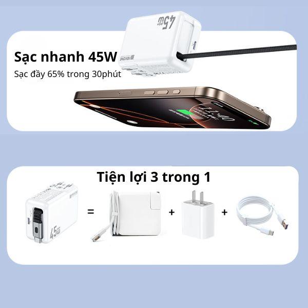 Bộ Sạc Kèm Cáp Dây Rút WEKOME WP-U42 GaN 45W Type-C 1C Chân Gập