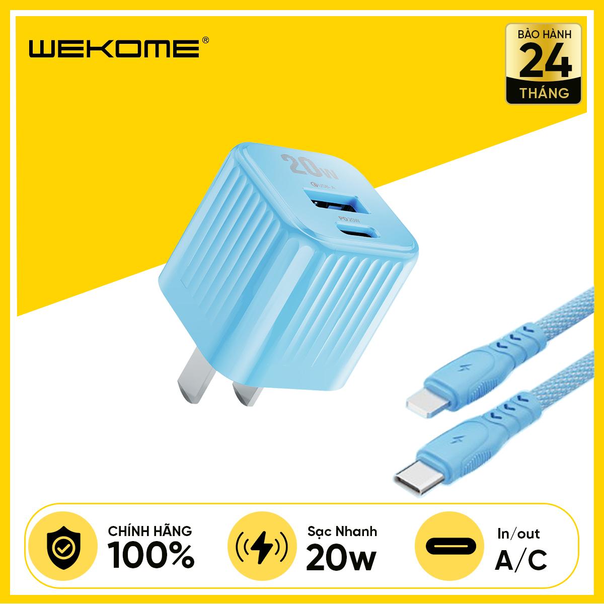 Bộ Sạc Kèm Cáp WEKOME WP-U129 PD20W Nhỏ Gọn, An Toàn (Củ Sạc 2 Cổng Output 1C/1A, Cáp C To Lightning Bọc Dù)