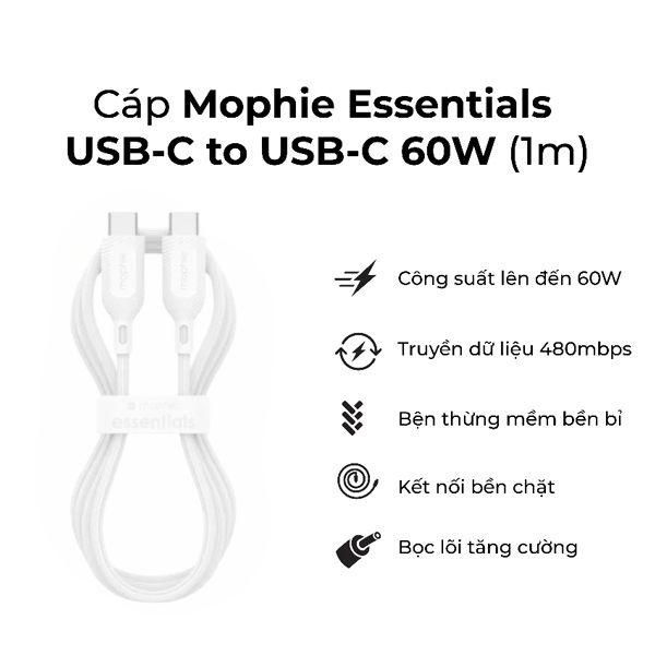 Cáp Sạc Nhanh Mophie Essential Type-C to Type-C 60W 1M Chính Hãng